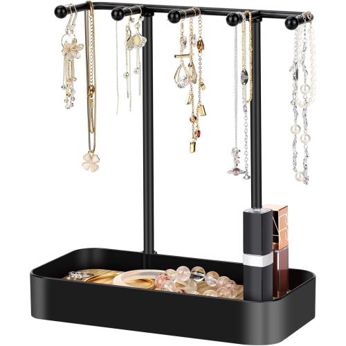 TACGEA Jewelry Holder Organizer, Small Simple Jewelry Display Stand Necklace Organizer with Metal Holder and Plastic Tray, Black