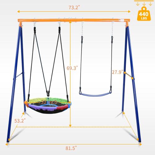 Swing Set for Backyard, 440lbs Swing Set with Heavy-Duty A-Frame Metal Stand, 1 Saucer Swing Seat & 1 Belt Swings Seat