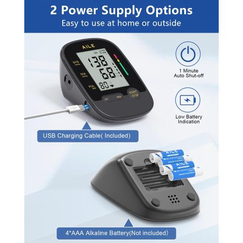 AILE Upper Arm Blood Pressure Machine,High Blood Pressure Monitors for Home use with Adjustable Blood Pressure Cuff - Large LCD Screen,Dual Power Option