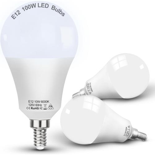 3 Pack E12 100W Equivalent LED Candelabra Bulbs, E12 A19 A60 LED Ceiling Fixtures Light Bulbs 6000K Daylight White,Bright Small Candelabra Screw Base Globe Shape Chandelier Bulbs 10W 1200lm,Non Dimmable,3Pcs