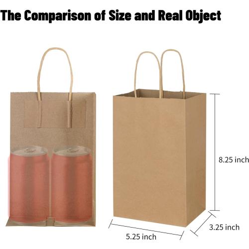 Toovip 100 Pack 5.25x3.25x8.25 Inch Small Plain Brown Kraft Paper Bags with Handles Bulk, Gift Bags for Favor Grocery Retail Party Birthday Shopping Business Goody Craft Merchandise Take Out Sacks