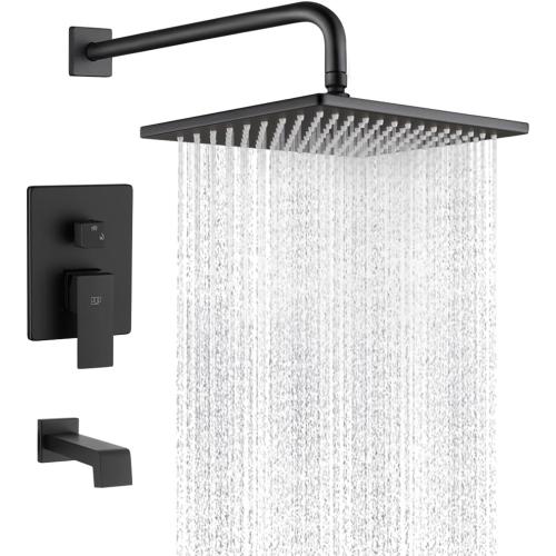 POP SANITARYWARE Black Shower Tub Faucet Set Bathroom Rain Shower System with Tub Spout Wall Mounted Rainfall 10 Inch Shower Head and Handle Set Shower Valve and Trim Kit