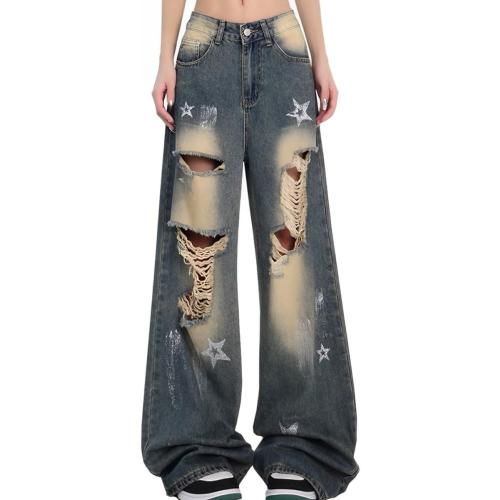 Size S/M Fashion Vintage High Waisted Baggy Wide Leg Ripped Jeans Y2K Star Washed Casual Straight Leg Denim Pants