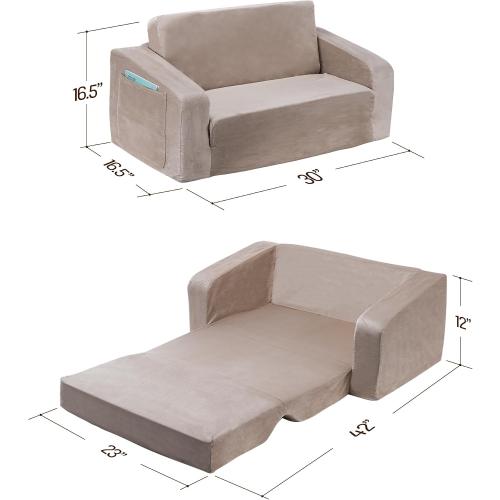 Kids Couch, Extra Wide 2-in-1 Toddler Sofa Convertible Fold Out to Lounger Bed for Girls and Boys, Apricot