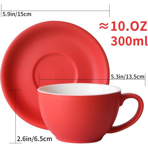 Yundu Ceramics Latte Cup and Saucer - 10 oz for Cappuccino,Tea,Cafe Mocha, Set of 4,Matte Mixed Color