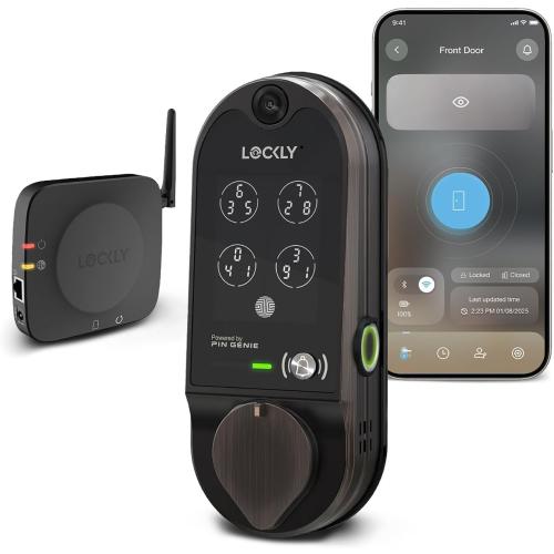 Black Lockly Vision Smart Lock, HD Video Doorbell Smart Locks for Front Door, Fingerprint Door Lock, Touchscreen Keypad, App Control, No Monthly Fee, Auto Lock - Venetian Bronze