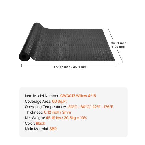 VEVOR Rubber Flooring Roll, 4 x 15 ft SBR Diamond-Plate Rubber Mat, 3mm Thickened, Easy to Clean, Customizable Size, Non-Slip Floor Protector Mat for Under Cars, Garage, Warehouse, Industry Gym, Black