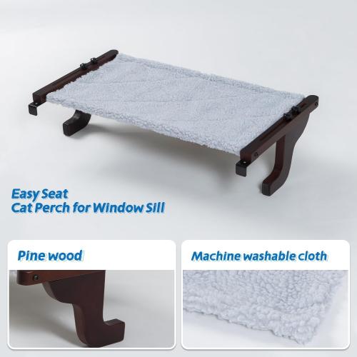 Zakkart 2PC Easy Seat Cat Perch for Window Sill - Hammock Design w/Pine Wood & Robust Metal Frame - Cat Window Seat for Large Cats and Kittens (Dark Stained Wood w/Gray Bed, Large (26''W x 14''D)
