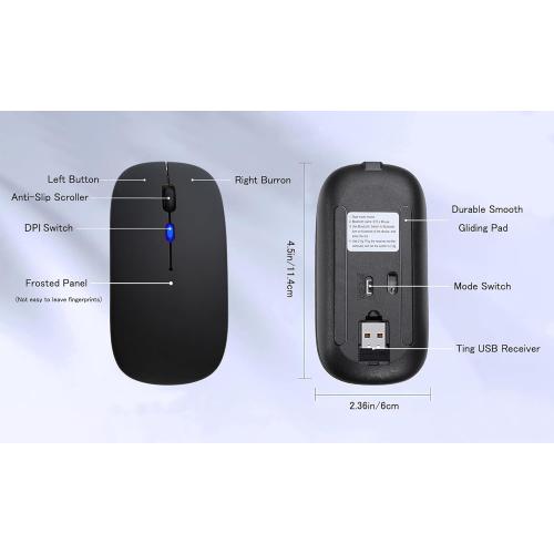 Wireless Bluetooth Mouse Rechargeable Laptop Mice with LED Lights Silent Slim Use(BT5.2 and 2.4G Portable USB) Dual Mode Computer Mouse for Laptop/iPad/Tablet/Apple/Computer/Mac (Black)
