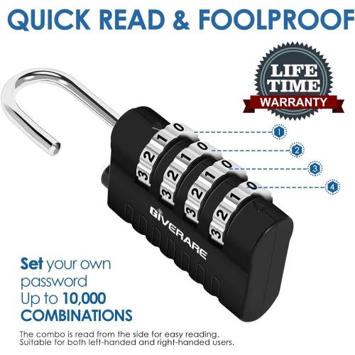 4 Pack Combination Lock, 4-Digit Padlock Keyless, Resettable Metal Luggage Locks, Weatherproof Alloy Travel Lock for Backpack, Gym, School, Locker, Fence, Gate, Hasp, Case, Black Silver-by GIVERARE