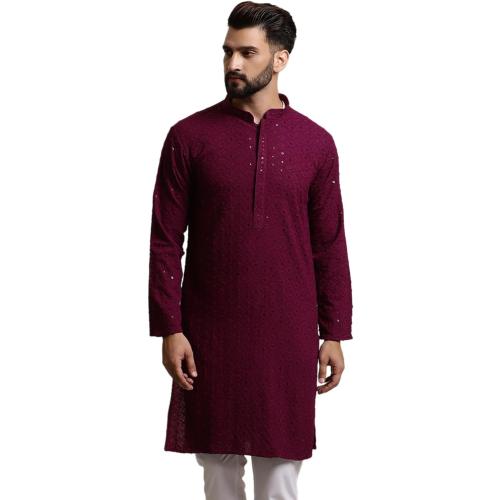 Size Large 40 Color Red Sojanya (Since 1958 Men'S Pure Cotton Sequence Long Kurta