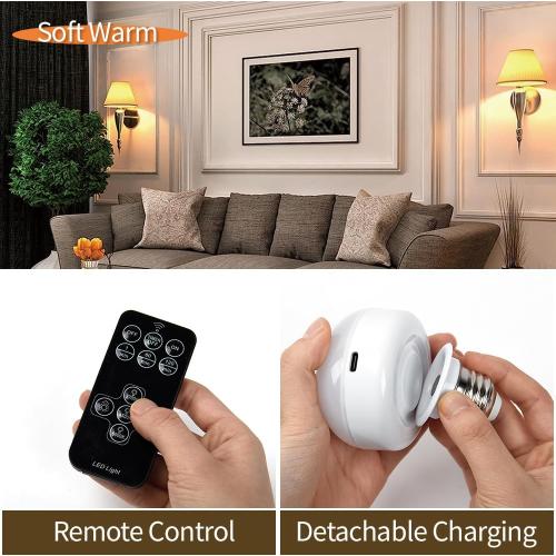 BLUEYE Rechargeable Light Bulbs,7W,350LM,40W Equivalent,Remote Control,E26 Detachable Charging,3 Color Temperatures,Battery Operated Puck Emergency Lamp,Timer,Dimmer,for Non-Hardwired,2Packs