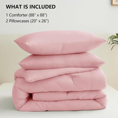 Comforter Set Pink, 3 Pieces Lightweight Comforters Quilted Bedding Sets, All Season Breathable Solid Down Alternative Comforter with 2 Pillowcases, Bed Set Gift for Home