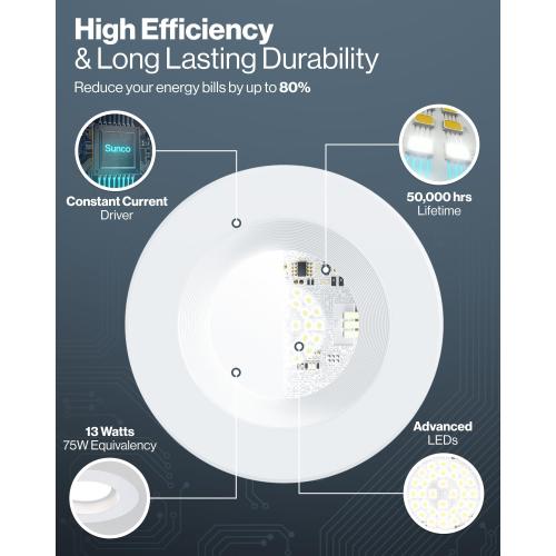 Sunco Retrofit LED Recessed Lighting 6 Inch, Downlight Can Lights for Ceiling, Baffle Trim, 965 LM, 13W (120W Equivalent), 3000K Warm White, Dimmable, Damp Rated UL 4 Pack.