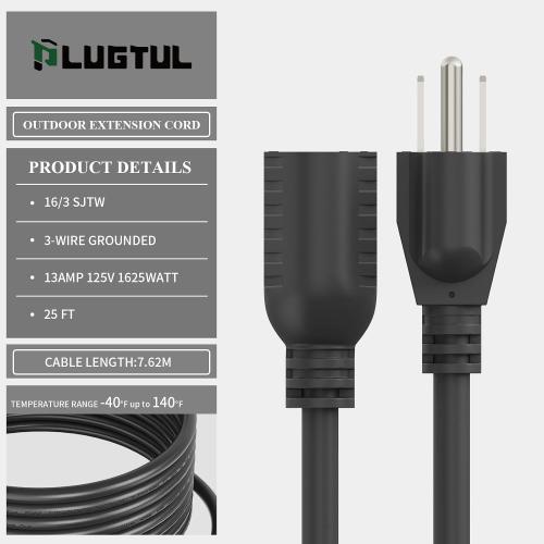 PLUGTUL Outdoor Extension Cord 25 FT | 16/3 Gauge Black Heavy Duty 3 Prong Extension Cord, 13A 1625W SJTW, ETL Listed, Great for Garden and Home