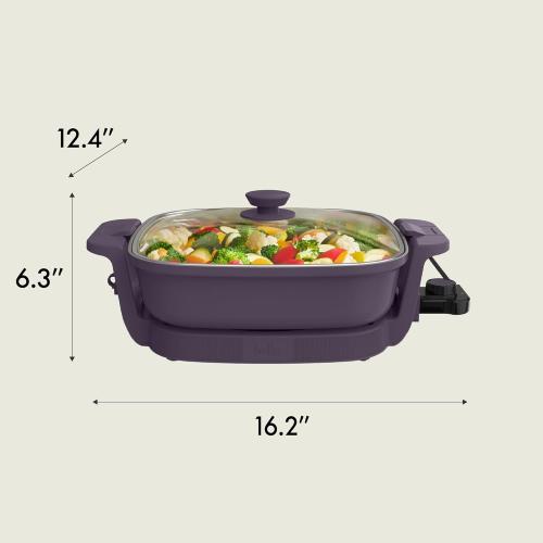 bella Make & Take Electric Skillet, Fits-anywhere™ kitchenware, EverGood™ Ceramic Coating, Adjustable Temperature & Dishwasher-Safe Tempered Glass Lid, Cast Aluminum Base, 1200 Watt, Plum
