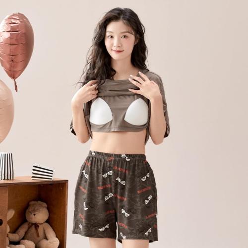 Cute Casual Women Large Girls Kawaii Short Sleeve And Shorts Pajama Set With Chest Pads Home Comfort Fashion Pj Sleep