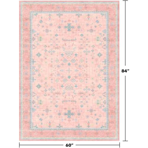 Pink Rugs for Bedroom Girls, 5x7 Washable Area Rug for Living Room Nursery Kids Baby Playroom Indoor Decor, Oushak Floral Vintage Low Pile Boho Non Slip Foldable Carpet