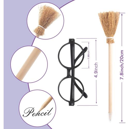 Party Supplies Kit -Black Round Glasses with Round Frame No Lenses, Broom Pencil, Wand Pencil for School Birthday, Halloween,Cosplay Party Decor（Each of 12 pcs ）
