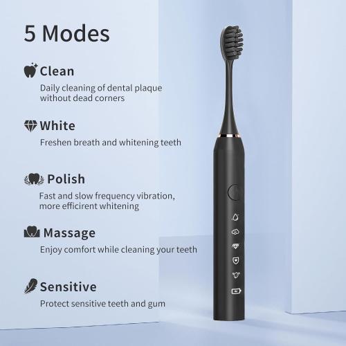 Electric Toothbrush for Adults and Kids, Travel Electric Toothbrush with 8 Brush Heads, Rechargeable Sonic Toothbrush with 5 Modes, 2 Minutes Built in Smart Timer, 42000 VPM Motor (Black)