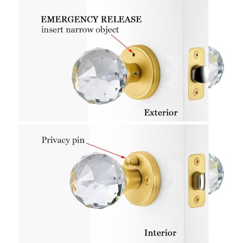Crystal Glass Door Knobs Interior with Lock, Privacy Bathroom Bedroom Door Knobs Gold Door Knob, Satin Brass