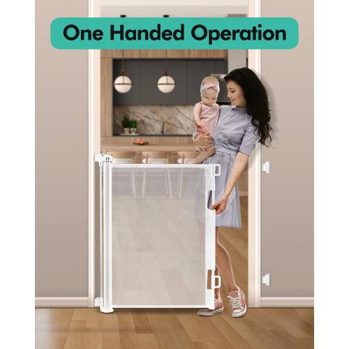 Retractable Baby Gates, Mesh Dog Gate for Doorways, 33.6 Tall, Expands to 55 Wide,Pet Safety Essential Fit for Baseboards, Wide Toddlers Gates for Hallways, Indoor & Outdoor,White