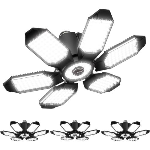 Black Adiding LED Garage Ceiling Light, 2 Pack 40000Lm Bright Screw into E26 E27 Socket LED Basement Lighting, 6 1 Deformable Panels, Daylight 6500K for Pole Barn Workshop Attic Porch Storage Room Low Bay