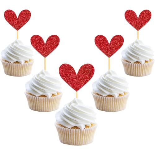 24Pcs Glitter Red Heart Cupcake Toppers for Valentine's Day Decorations, Mixed Size Double-Sided Heart Valentine's Day Cupcake Toppers for Wedding Bridal Shower Party Decorations (Red)