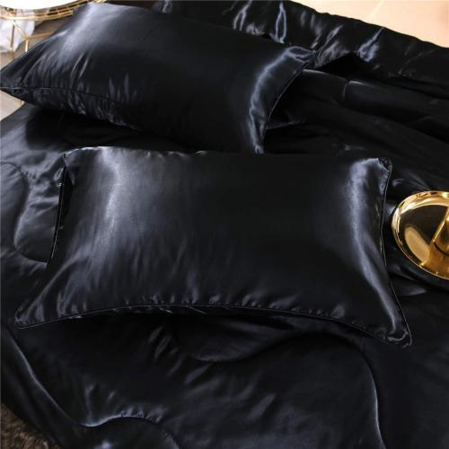 Satin Comforter Set Queen Black, Soft Lightweight Microfiber Luxury Sexy Quilted Bedding Sets with 2 Matching Pillow Covers for Summer Spring Autumn