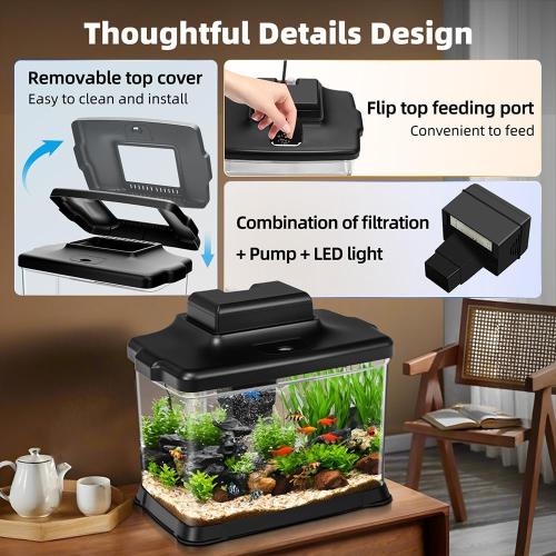 DaToo Small Fish Tank Ultra-Clear 1.6 Gallon Aquarium Starter Kits with LED Lighting and Filter System Beginner-Friendly Mini Betta Aquarium for Small Fish Shrimp Desktop Room Decoration