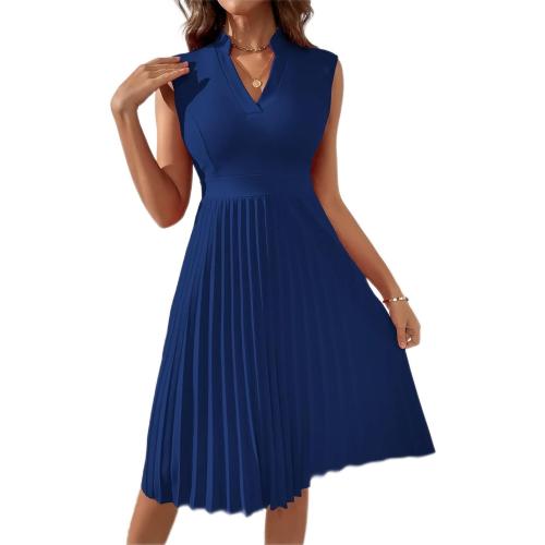 Size L.....Solid Pleated Notched -line Dress