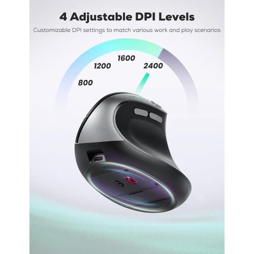 Nulea MD280 Ergonomic Vertical Wireless Mouse - Bluetooth & 2.4G Dual Mode, 4 Adjustable DPI 800/1200/1600/2400, Rechargeable, Silent Clicks, No Lag, 6 Buttons - Perfect for Laptop, Desktop Black