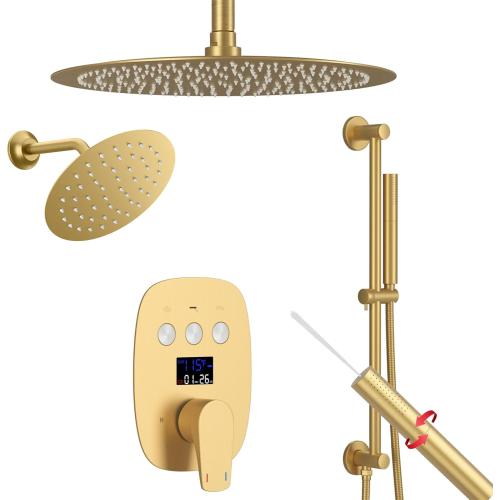 12Inch Brushed Gold Ceiling Shower System & 8Inch Wall-Mount Shower Faucet Set, 2 in 1 Handheld with Adjustable Slide Bar Included Temperature Display Valve and Trim Kit Can Work At Once
