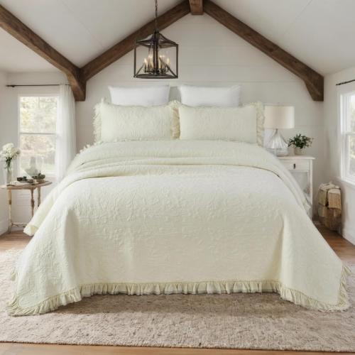 Brandream Cream Yellow White Quilt Set Queen Size Cotton Matelasse Bedding Luxury Ruffle Bedspread 3-Piece