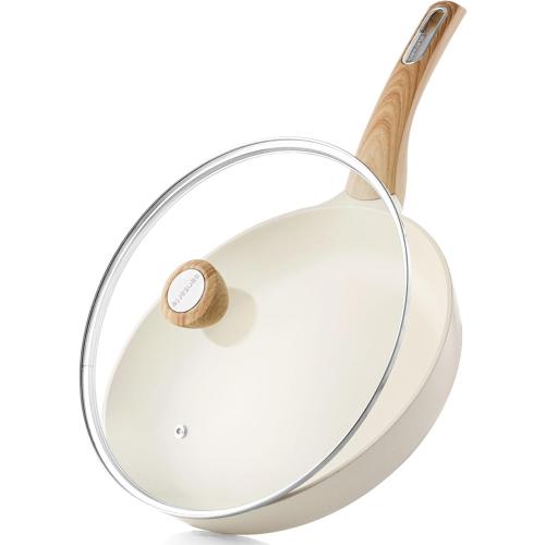SENSARTE Ceramic Nonstick Frying Pan Skillet with Lid, 9.5inch Non Stick Pan Omelet Pans, Non-toxic Kitchen Cooking Chef's Pan, Free of Intentionally Added PFAS/PTFE/PFOA, Induction Compatible, White