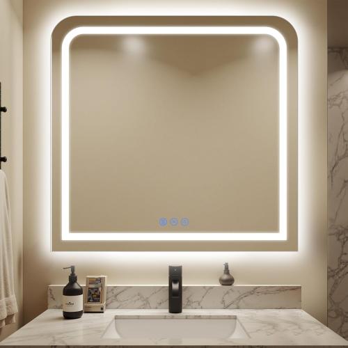 LED Bathroom Mirror, 36x 36 LED Mirror with Lights for Bathroom, Lighted Vanity Mirrors for Wall, Anti-Fog, Dimmable, Tempered Glass, Memory Function, 3 Colors, Safe Use (White)