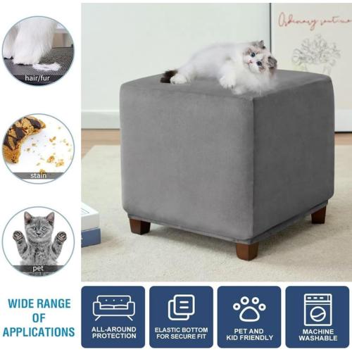 Ottoman Cover Square Velvet Storage Ottoman Slipcovers Thick Stretch Footrest Foot Stool Covers Protector with Elastic Band(Medium-Dark Gray)