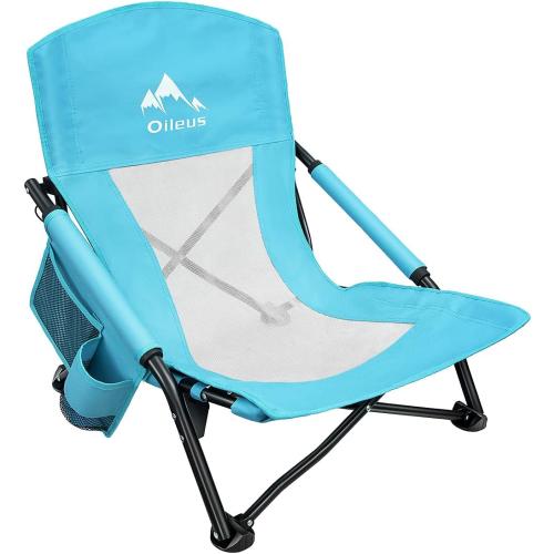 Oileus Low Beach Chair for Beach Tent/Shelter & Camping/Outdoor Ultralight Backpacking Folding Recliner Chairs with Cup Holder/Storage Bag, Carry Bag, Breeze Mesh Back, Compact Duty 1 Pcs Chair