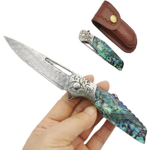 Pocket Knife Damascus Steel Blade, Abalone Shell Handle, Ball Bearing Pivot, Sheath & Pocket Clip for Everyday and Outdoor Camping EDC tool Excellent Gift