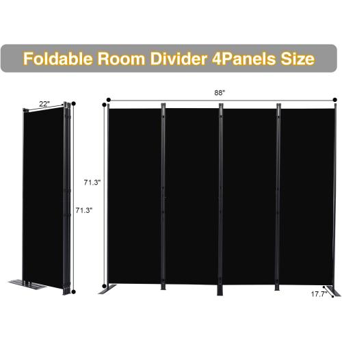 Room Divider, 4 Panel Folding Privacy Screens with Wider Feet, Black | 88 W X 71 H Room Divider Panel, Stable Frame Structure, Flexible Space Separator, Portable wall divider for Room Partition