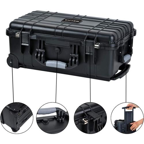 MEIJIA All Weather Rolling Waterproof Protective Case, Hard Camera Case,Dry Case with Retractable Pull Handle and Wheels,Foam Inserted, Elegant Black,22 x13.81x9inches