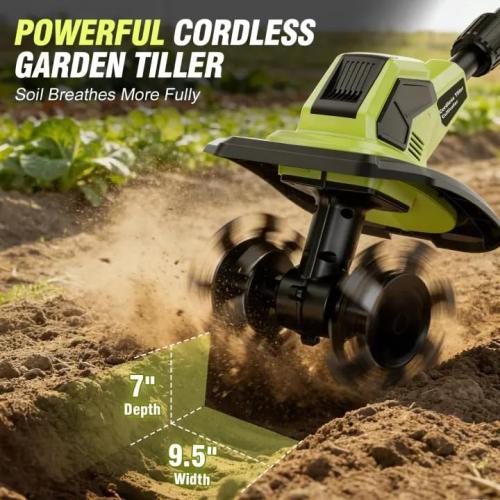 21V Cordlees Tiller Cultivator for Gardening, 400RPM Electric Garden Tiller, Brushless Rototiller with 2 * 3.0Ah Battery, 9.5 Width 7 Depth, for Yard、Lawn、Soil Tiller (Green)