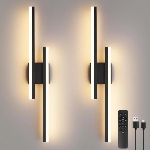Modern Battery Operated Wall Sconce Set of 2,Dimmable Rechargeable Indoor Led Wall Sconce Lighting,Black Wireless Wall Lamps with Remote Control for Living Room Bedroom Bathroom Hallway