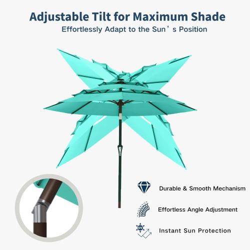 10FT Patio Umbrella 3 Tiers Outdoor Market Umbrella w/Push Button Tilt, Crank, UV and Waterproof Table Umbrella for Garden, Pool, Backyard, Deck, Lawn, Turquoise Blue
