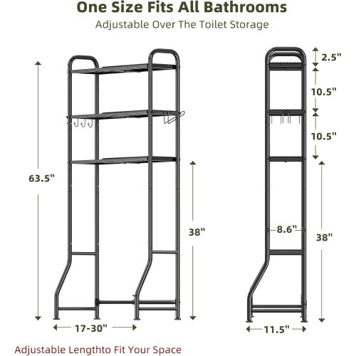 Simple Trending Expandable Over The Toilet Storage Rack, Metal 3 Tier Bathroom Organizer Shelf with Paper Holder and 3 Hooks, Black