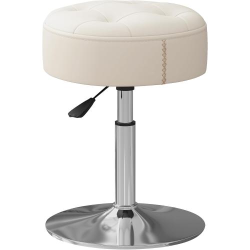 ACEQLYT® Vanity Stool with High-Density Non-Sagging Foam & Metal Base, Vanity Chair for Makeup Room, Height Adjustable 360° Swivel Ottoman, White PU Leather Makeup Chair for Bedroom, Bathroom