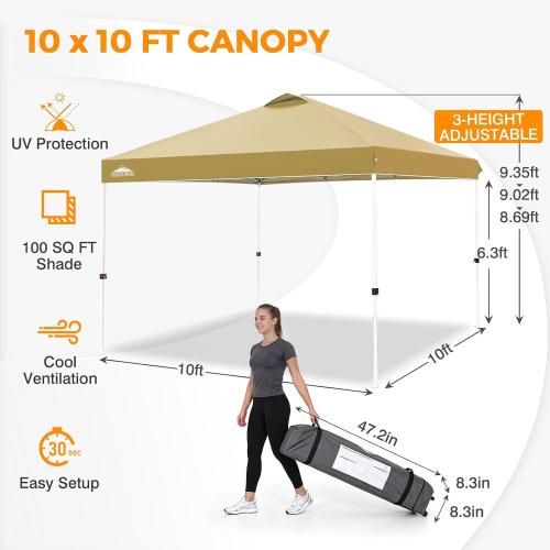 EAGLE PEAK 10x10 Pop Up Canopy Tent Easy Up Canopy Outdoor, Beige | Patented PeakPush™ Center Lock, 1 Person Setup Portable Pop Up Tent, Beach, Markets, Camping Sport Events, Wheeled Carry Bag