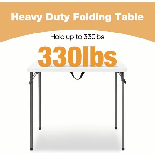 34 Square Folding Table for 4 Person, 330lbs Weight Capacity Foldable Table with HDPE Tabletop & Heavy-Duty Steel Legs, Large Portable Picnic Table for Indoor Outdoor Parties, Camping, White