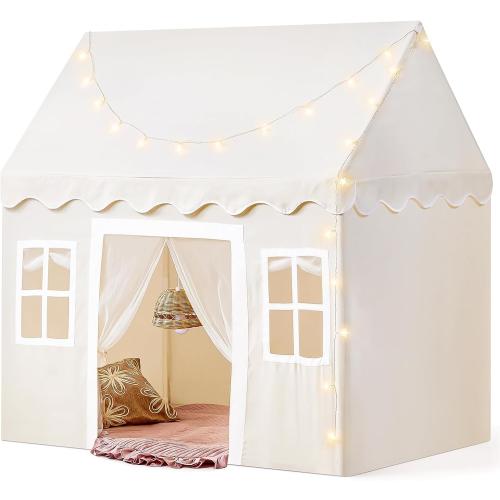 Tiny Land Play Tent with Padded Mat & LED Lights, Kids Tent, Playhouse for Kids, Indoor Bed Tent for Toddler, Toys for 3,4,5,6-Year-Old Girls, Neutral Color Play Room Furniture