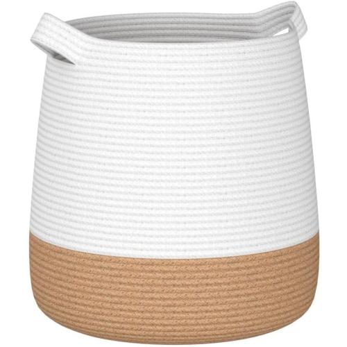 GooBloo Woven Blanket Basket - 17 x 17” - Large Tall Decorative Laundry Hamper with Handles - Cotton Rope Storage for Baby Nursery or Living Room